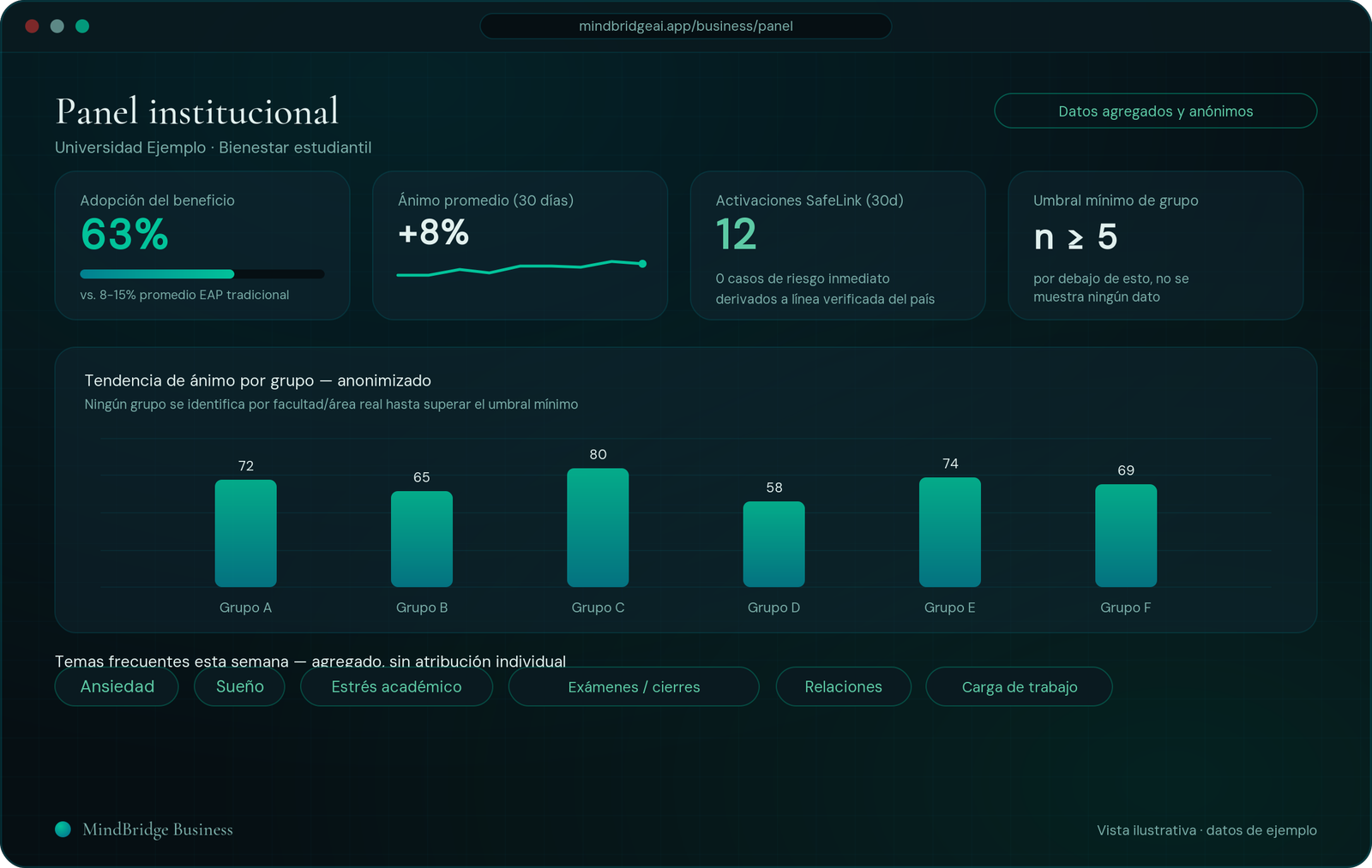 Vista ilustrativa del panel institucional de MindBridge Business, con datos agregados y anónimos de ejemplo